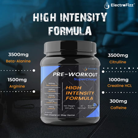 Electrofizz Pre-Workout Supercharge For Energy Power & Laser Focus - Blue Raspberry Flavour