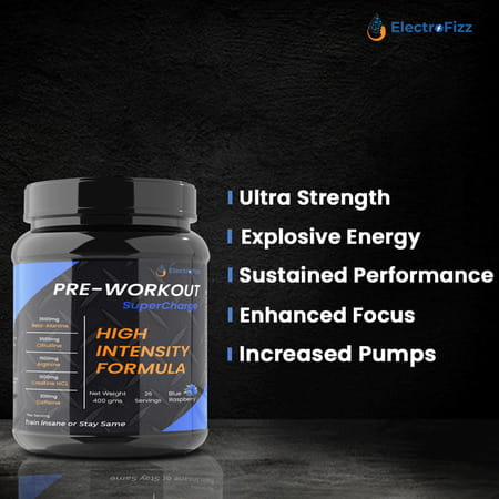 Electrofizz Pre-Workout Supercharge For Energy Power & Laser Focus - Blue Raspberry Flavour
