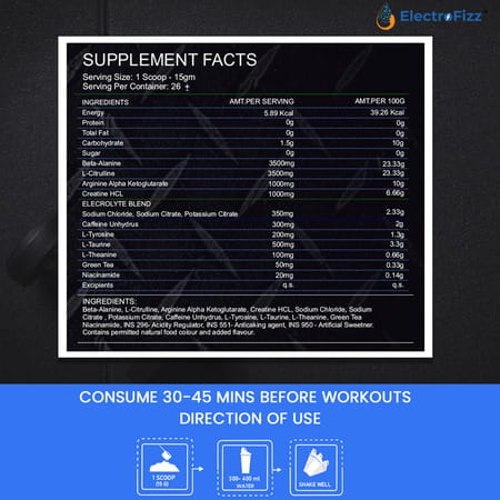 Electrofizz Pre-Workout Supercharge For Energy Power & Laser Focus - Blue Raspberry Flavour