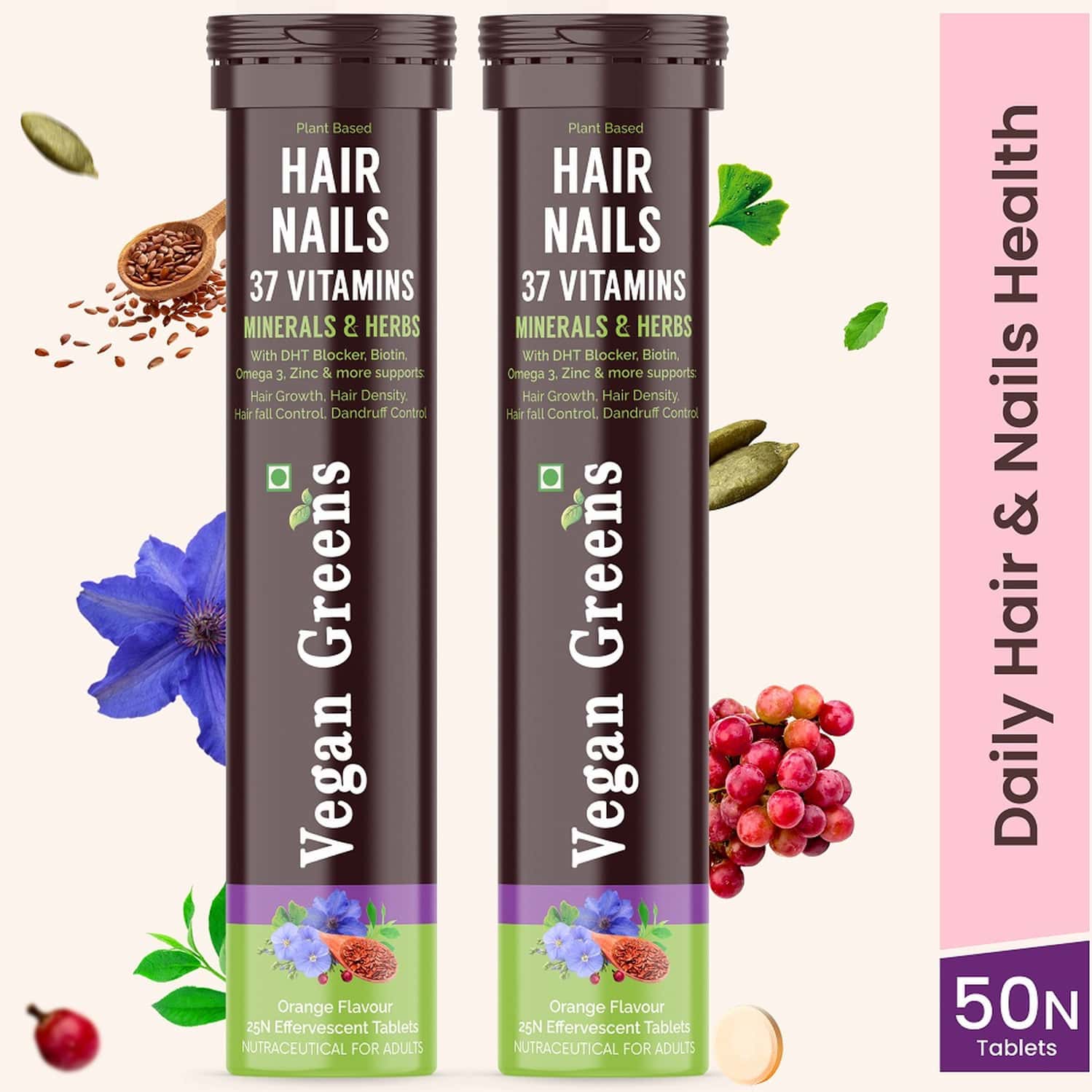 Vegan Greens Hair & Nails Vitamins With Dht Blocker, Biotin, +37 Key Ingredients- 50 Effer., Orange
