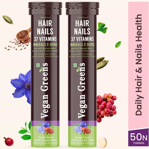 Vegan Greens Hair & Nails Vitamins With Dht Blocker, Biotin, +37 Key Ingredients- 50 Effer., Orange