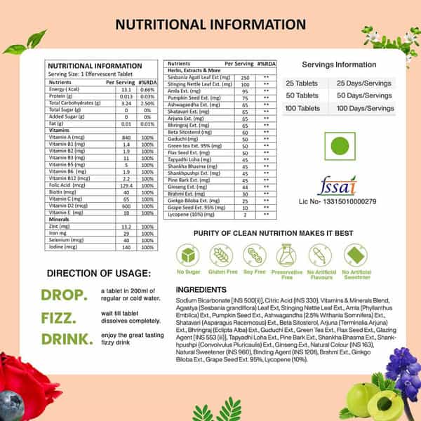Vegan Greens Hair & Nails Vitamins With Dht Blocker, Biotin, +37 Key Ingredients- 50 Effer., Orange