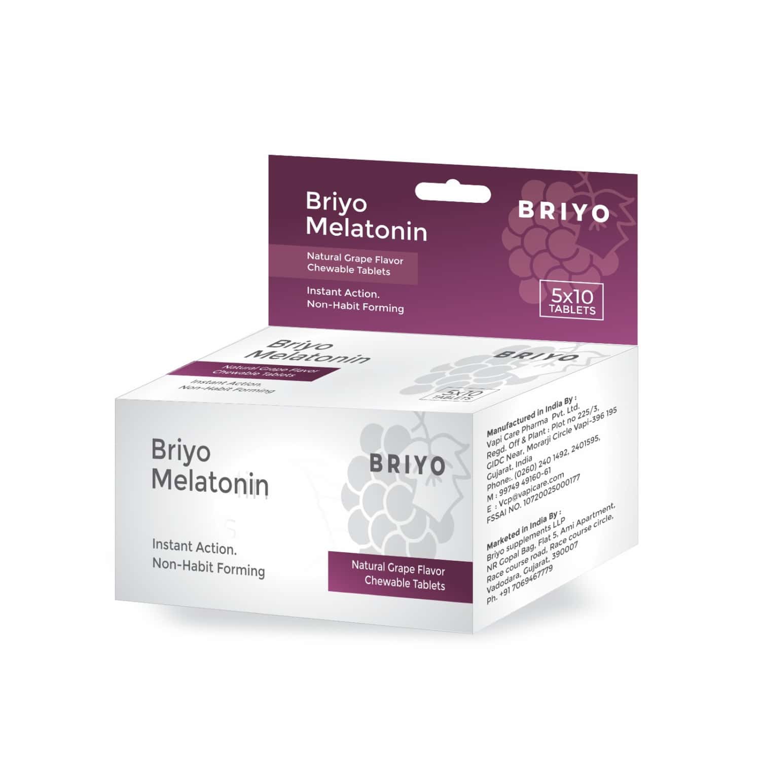 Briyo Melatonin 3 Mg Natural Grape Flavoured Chewable Tablets - Sleep Aid - 50n
