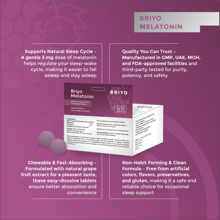 Briyo Melatonin 3 Mg Natural Grape Flavoured Chewable Tablets 50 Nos