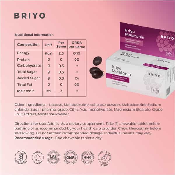 Briyo Melatonin 3 Mg Natural Grape Flavoured Chewable Tablets 50 Nos