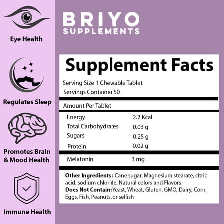 Briyo Melatonin 3 Mg Natural Grape Flavoured Chewable Tablets 50 Nos