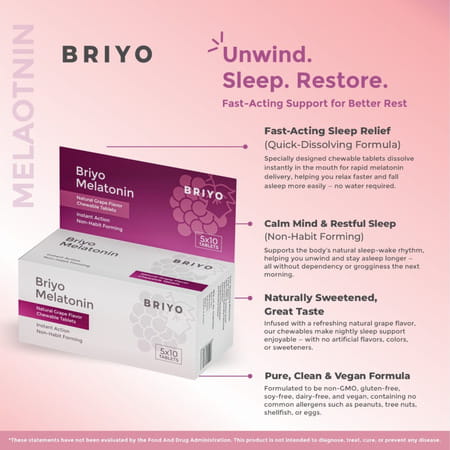 Briyo Melatonin 3 Mg Natural Grape Flavoured Chewable Tablets 50 Nos