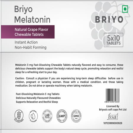 Briyo Melatonin 3 Mg Natural Grape Flavoured Chewable Tablets 50 Nos