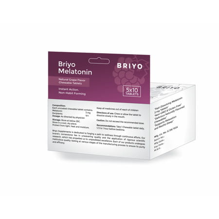 Briyo Melatonin 3 Mg Natural Grape Flavoured Chewable Tablets - Sleep Aid - 50n
