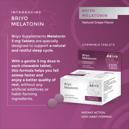Briyo Melatonin 3 Mg Natural Grape Flavoured Chewable Tablets - Sleep Aid - 50n