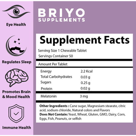 Briyo Melatonin 3 Mg Natural Grape Flavoured Chewable Tablets - Sleep Aid - 50n