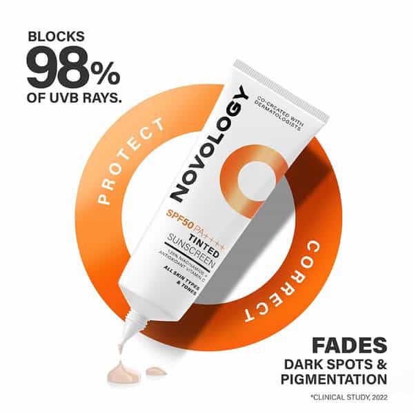 Novology Spf50 Pa++++ Tinted Sunscreen|Non Greasy Broad Spectrum Protection & Fades Dark Spots (50G)