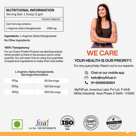 Myfitfuel L Arginine Alpha-Ketoglutarate (Aakg) Pre Workout Powder | 400gm (Unflavoured)