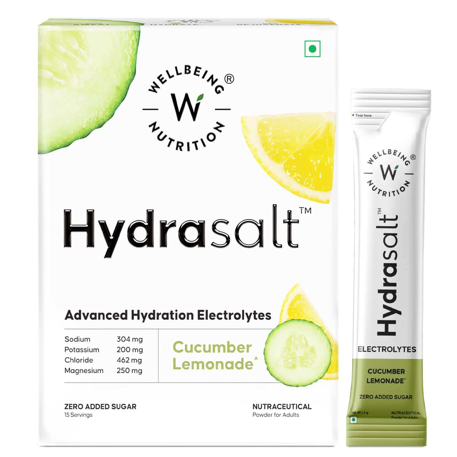 Wellbeing Nutrition Hydrasalt Electrolyte Drink | No Added Sugar | Cucumber Lemon | 90gm Pack Of 15