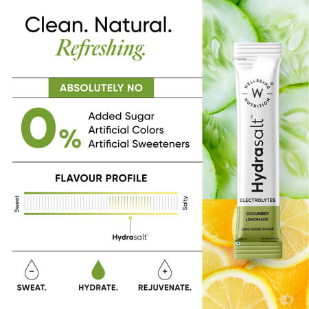 Wellbeing Nutrition Hydrasalt Electrolyte Drink | No Added Sugar | Cucumber Lemon | 90gm Pack Of 15