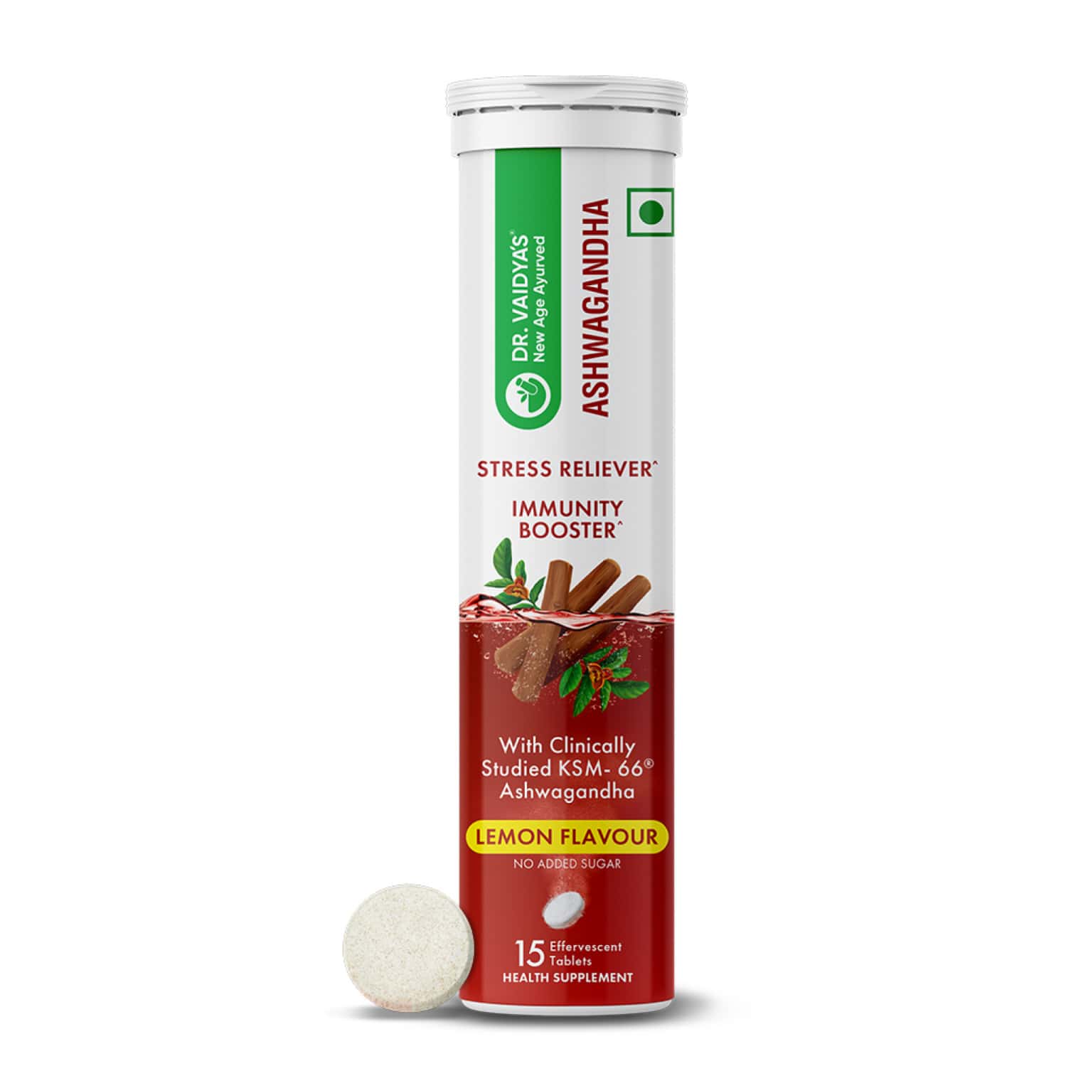 Dr. Vaidya'S Ashwagandha Effervescent Tablets | Clinically Studied Ksm- 66 Ashwagandha | Lemon | 15n