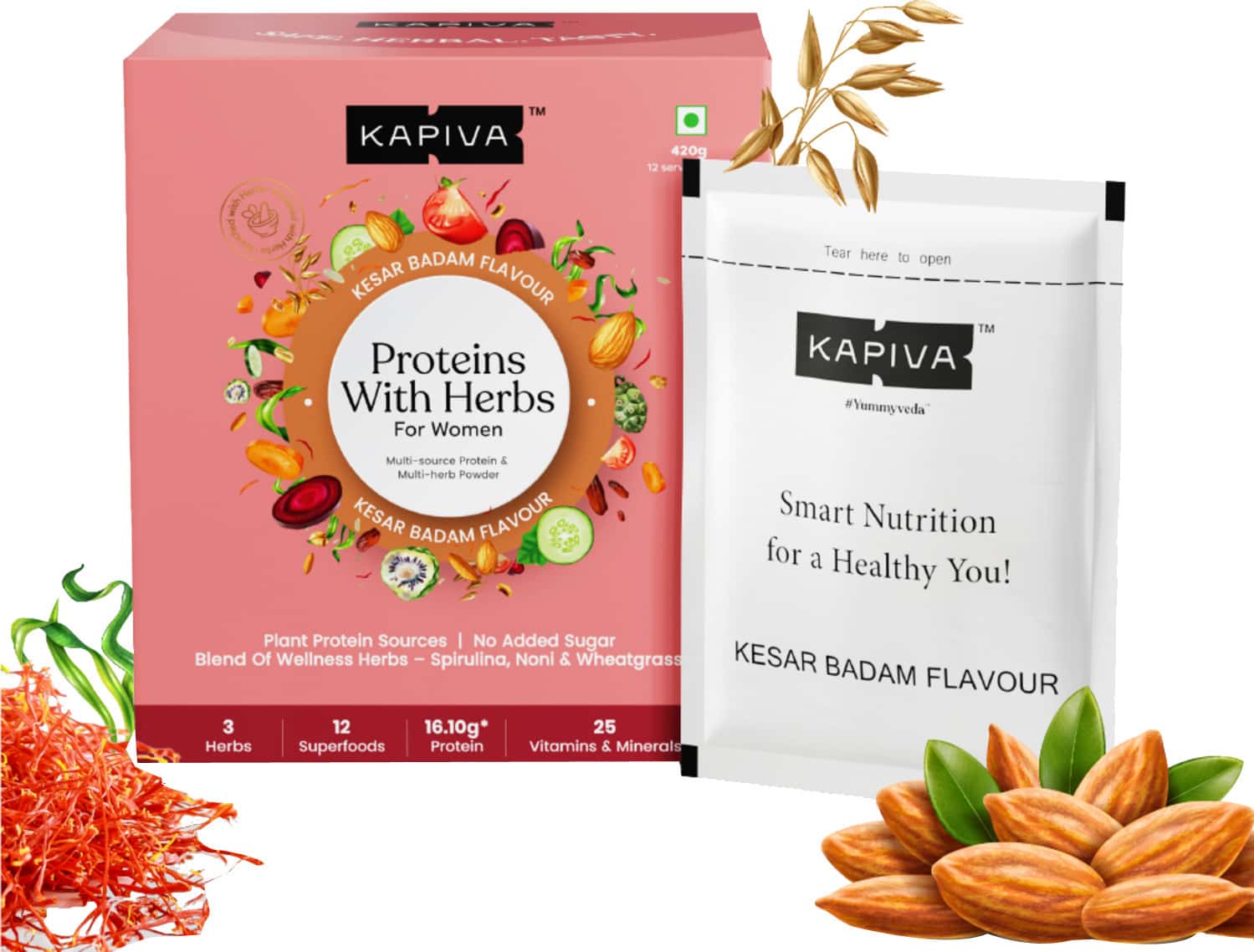 Kapiva Proteins With Herbs For Her - Kesar Badam Flavour Plant Based Protein 420g 12 Servings