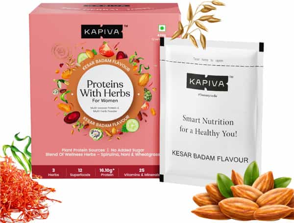 Kapiva Proteins With Herbs For Her - Kesar Badam Flavour Plant Based Protein 420G 12 Servings