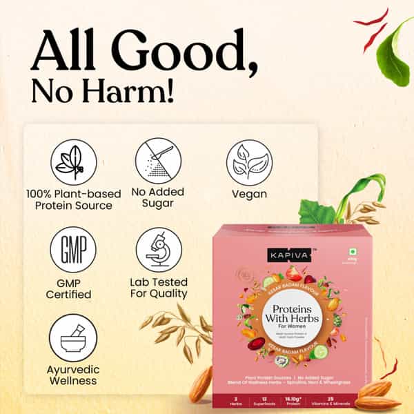 Kapiva Proteins With Herbs For Her - Kesar Badam Flavour Plant Based Protein 420G 12 Servings