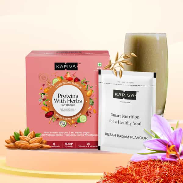 Kapiva Proteins With Herbs For Her - Kesar Badam Flavour Plant Based Protein 420G 12 Servings