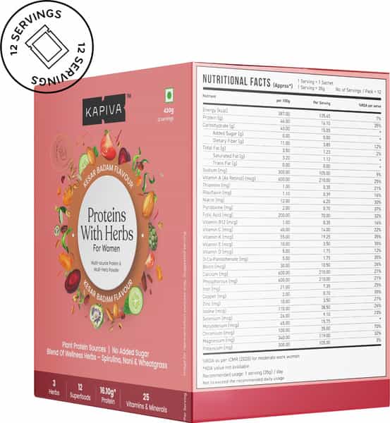 Kapiva Proteins With Herbs For Her - Kesar Badam Flavour Plant Based Protein 420G 12 Servings