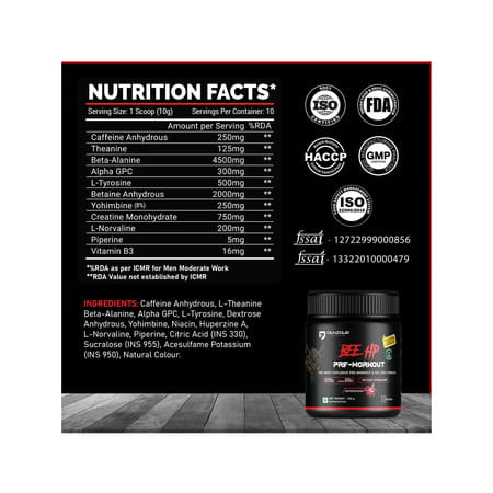 Denzour Nutrition Bee Hp Pre Workout Powder Energy | Strength & Muscle Pump | Watermelon Flav | 100g