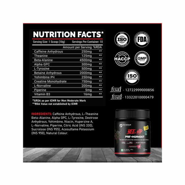 Denzour Nutrition Bee Hp Pre Workout Powder Energy | Strength & Muscle Pump | Watermelon Flav | 100G