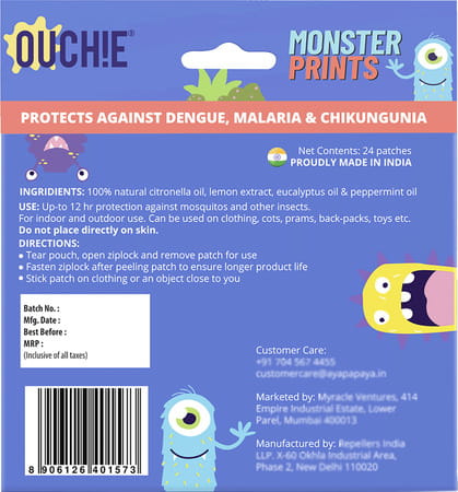 Ouchie Monster Print Mosquito Repellent Patches 100% Natural (Pack 2 = 48 Patches)
