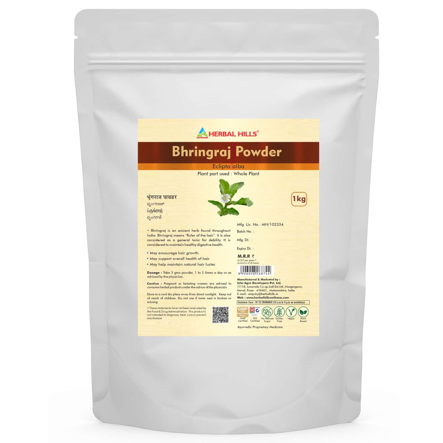 Herbal Hills Bhringraj Powder - 1 Kg Powder - Pack Of 4 - Great For Hair