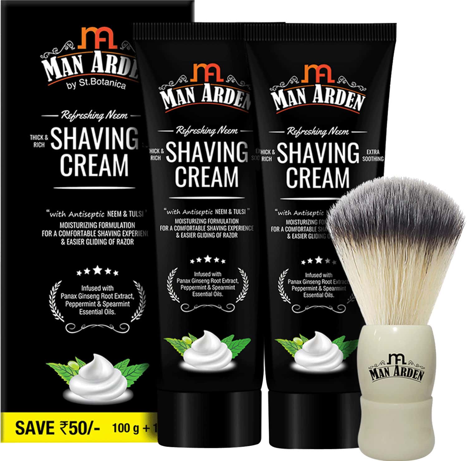 Man Arden Royal White Shaving Brush With Extra Soft Bristles + Refreshing Neem Shaving Cream 100g