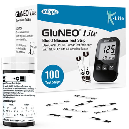 K-Life Gluneolite Blood Sugar Glucose Testing 100 Glucometer Strips
