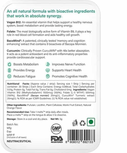Wellbeing Nutrition Melts Vegan Vitamin B12 + Folate For Mood & Memory 30 Strips