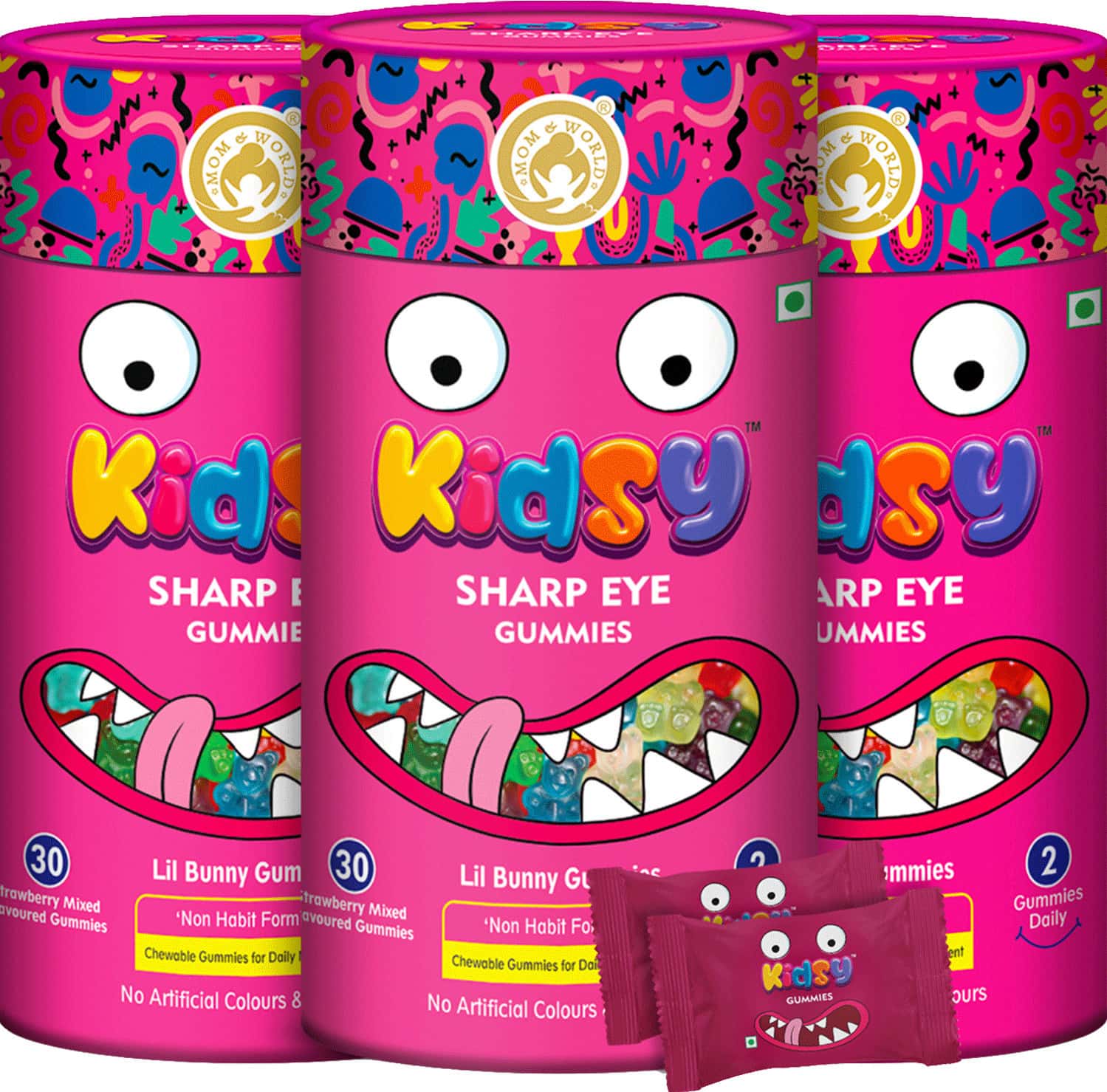 Mom & World Kidsy Sharp Eye Gummies For Kids-30 (Strawberry Mixed Flavoured) Gummies (Pack Of 3)