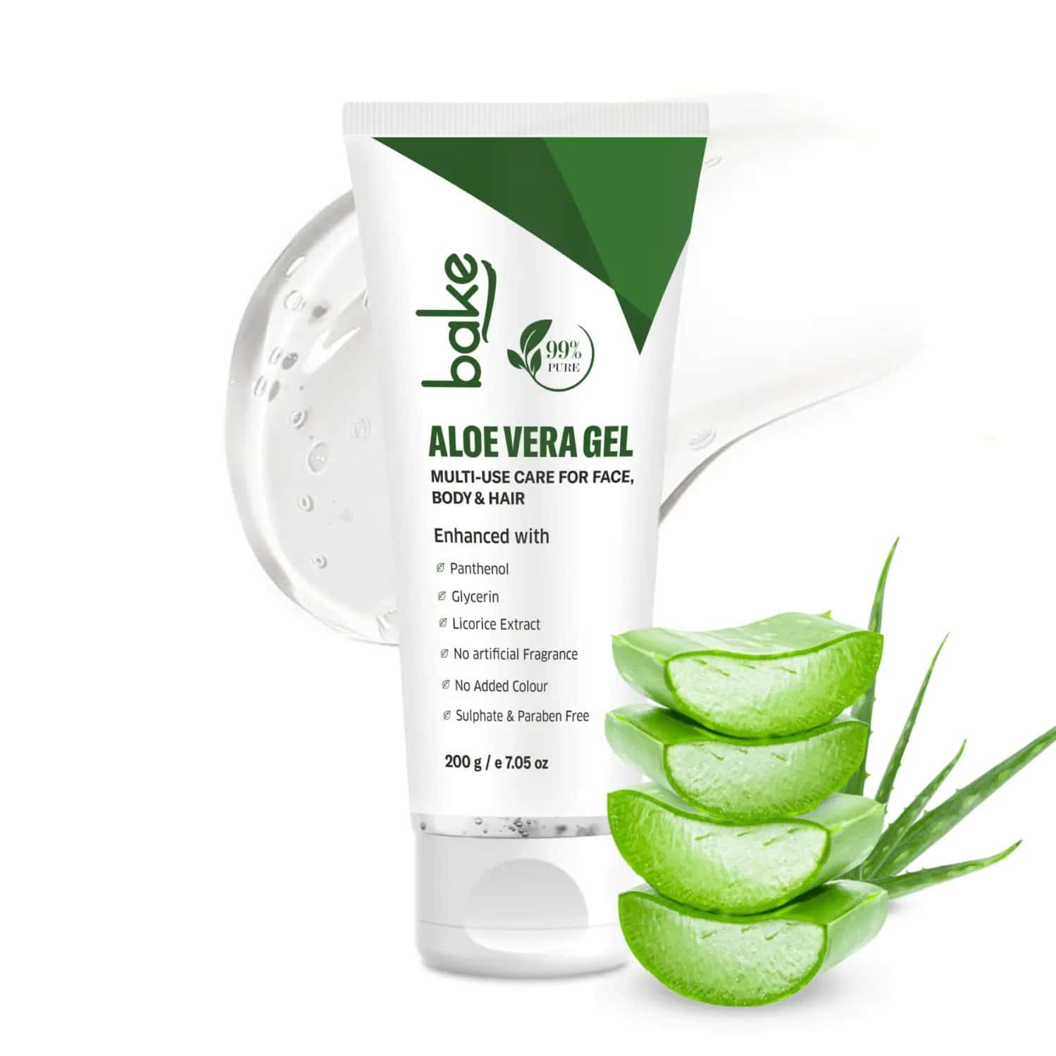 Bake 99% Pure Aloe Vera Gel For Face | Body & Hair Hydration|Reduces Dryness & Non Sticky (200g)