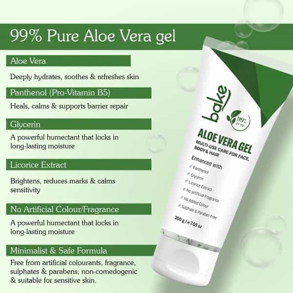 Bake 99% Pure Aloe Vera Gel For Face | Body & Hair Hydration|Reduces Dryness & Non Sticky (200G)