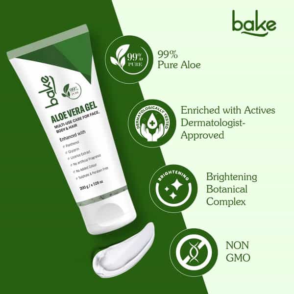 Bake 99% Pure Aloe Vera Gel For Face | Body & Hair Hydration|Reduces Dryness & Non Sticky (200G)
