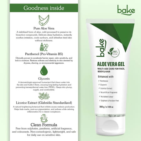 Bake 99% Pure Aloe Vera Gel For Face | Body & Hair Hydration|Reduces Dryness & Non Sticky (200g)