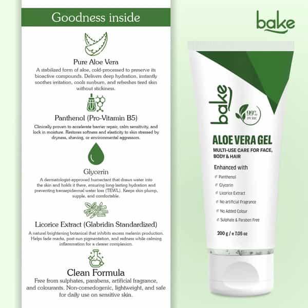 Bake 99% Pure Aloe Vera Gel For Face | Body & Hair Hydration|Reduces Dryness & Non Sticky (200G)