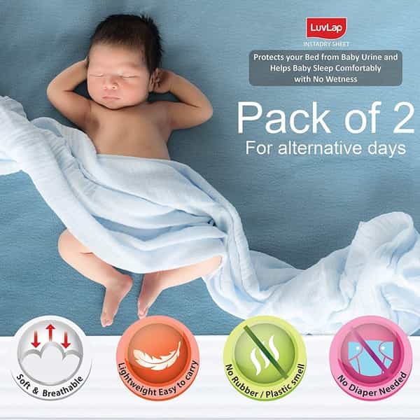 Luvlap Instadry Extra Absorbent Dry Sheet Bed Protector Sky Blue & Baby Pink Small 50X70cm Pack Of 2