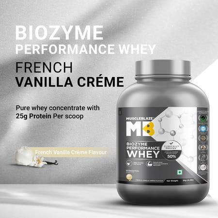 Muscleblaze Biozyme Performance Whey Protein | French Vanilla Crme | 2Kg | 25G Protein Per Scoop
