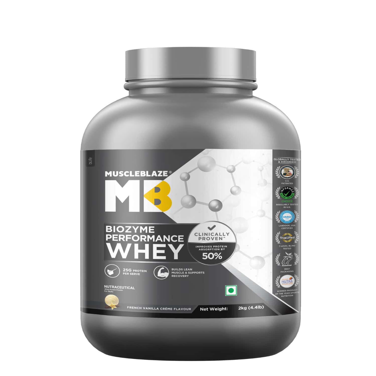 Muscleblaze Biozyme Performance Whey Protein Powder | French Vanilla Creme (2kg) | 25g Protein