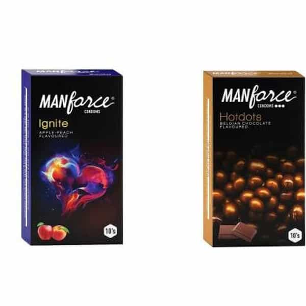 Manforce Ignite Apple-Peach & Premium Hotdots Belgian Chocolate Flavoured Condoms (Set Of 2 20 Pcs)