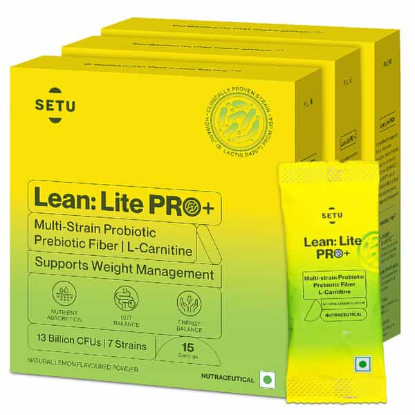 Setu Lean Lite Pro+ Gut Health Powder | Prebiotic & Probiotic Supplement - 15 Sachets (Pack Of 3)