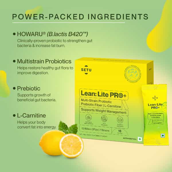 Setu Lean Lite Pro+ Gut Health Powder | Prebiotic & Probiotic Supplement - 15 Sachets (Pack Of 3)