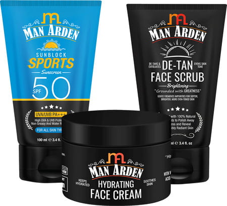 Man Arden Skin Care Combo -Sunblock Sport Sunscreen + Face Cream + De Tan Face Scrub