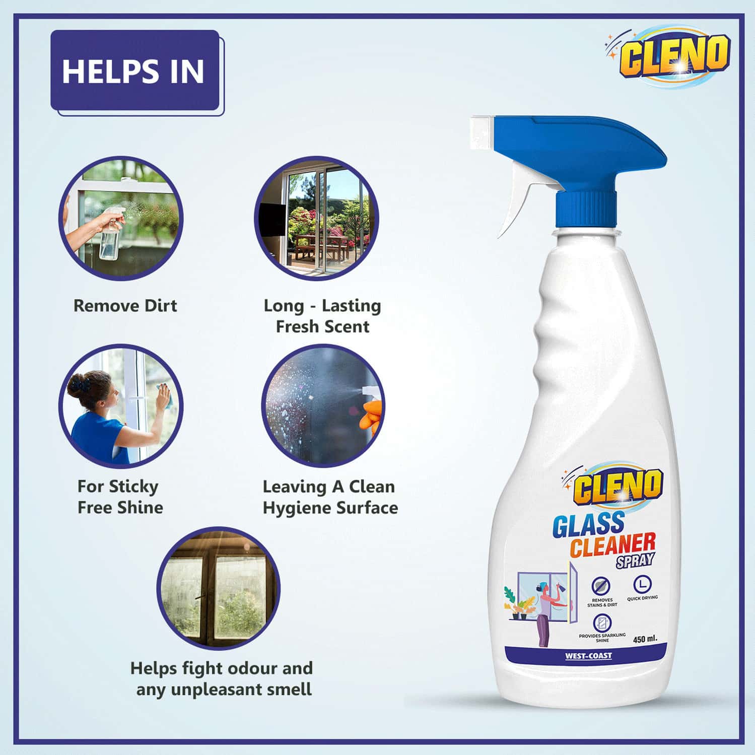 Buy CLENO GLASS CLEANER SPRAY CLEANS TABLETOPS/MIRRORS/GLASSWINDOWS