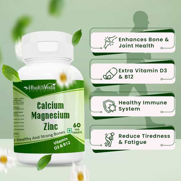 Health Veda Organics Calcium | Magnesium | & Zinc Tablets With Vitamin D3 & B12 | 60 Veg Tablets