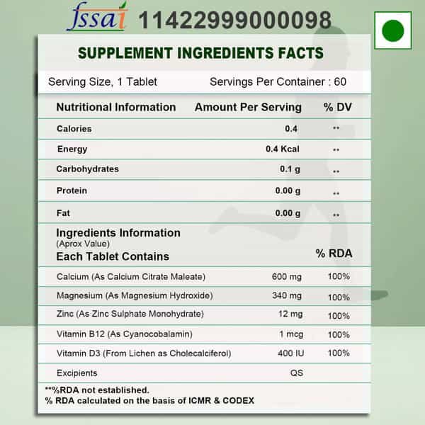 Health Veda Organics Calcium | Magnesium | & Zinc Tablets With Vitamin D3 & B12 | 60 Veg Tablets