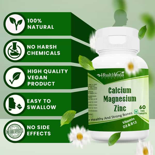Health Veda Organics Calcium | Magnesium | & Zinc Tablets With Vitamin D3 & B12 | 60 Veg Tablets