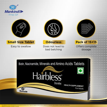 Hairbless Supplement | Biotin & Niacin | Gluten Free | Enriched With L-Cystiene | 15 Tablets